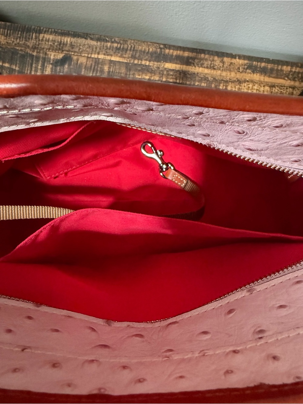 Dooney & Bourke Blush Ostrich-Embossed Tote with Brown Trim and Strap - Picture 7 of 12